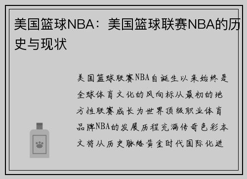美国篮球NBA：美国篮球联赛NBA的历史与现状