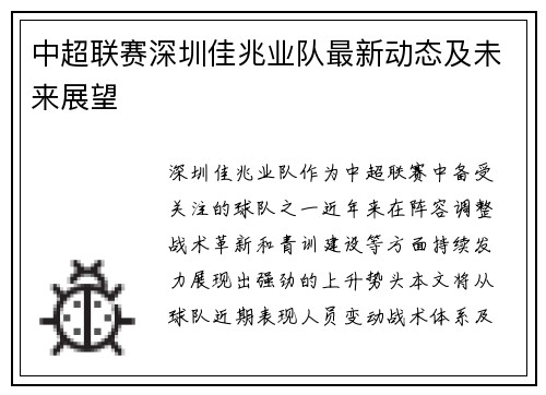中超联赛深圳佳兆业队最新动态及未来展望